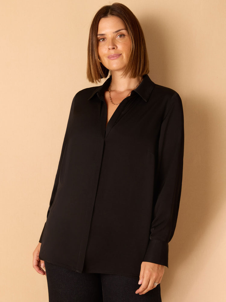 Black V Neck Collared Shirt