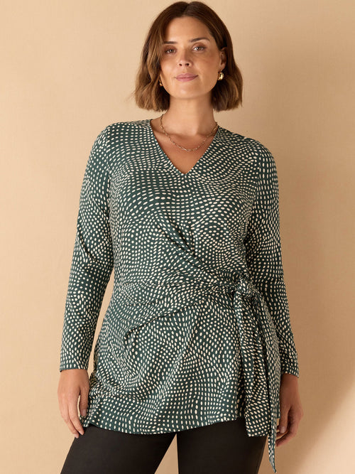 Green Spot Print V Neck Side Tie Tunic