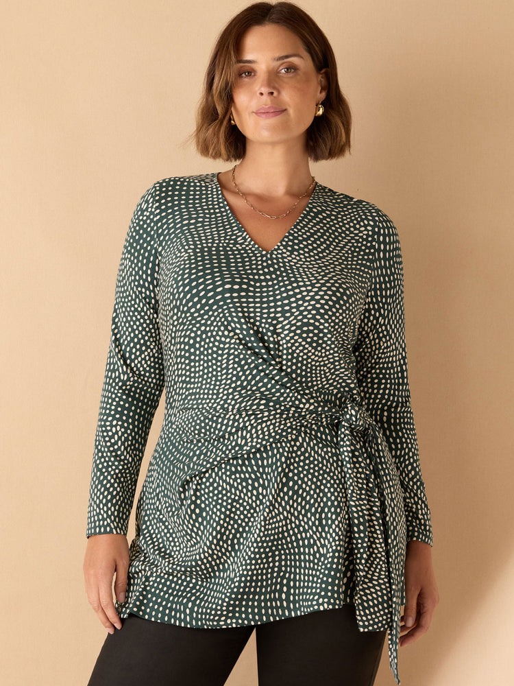 Green Spot Print V Neck Side Tie Tunic