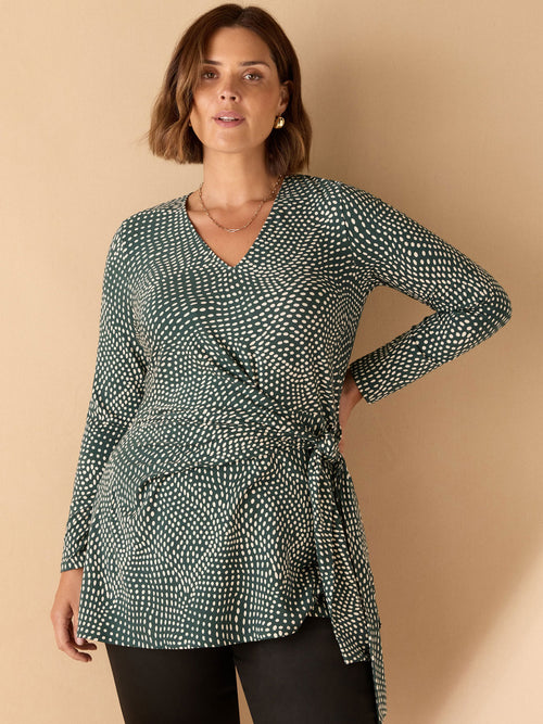 Green Spot Print V Neck Side Tie Tunic