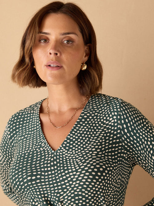 Green Spot Print V Neck Side Tie Tunic