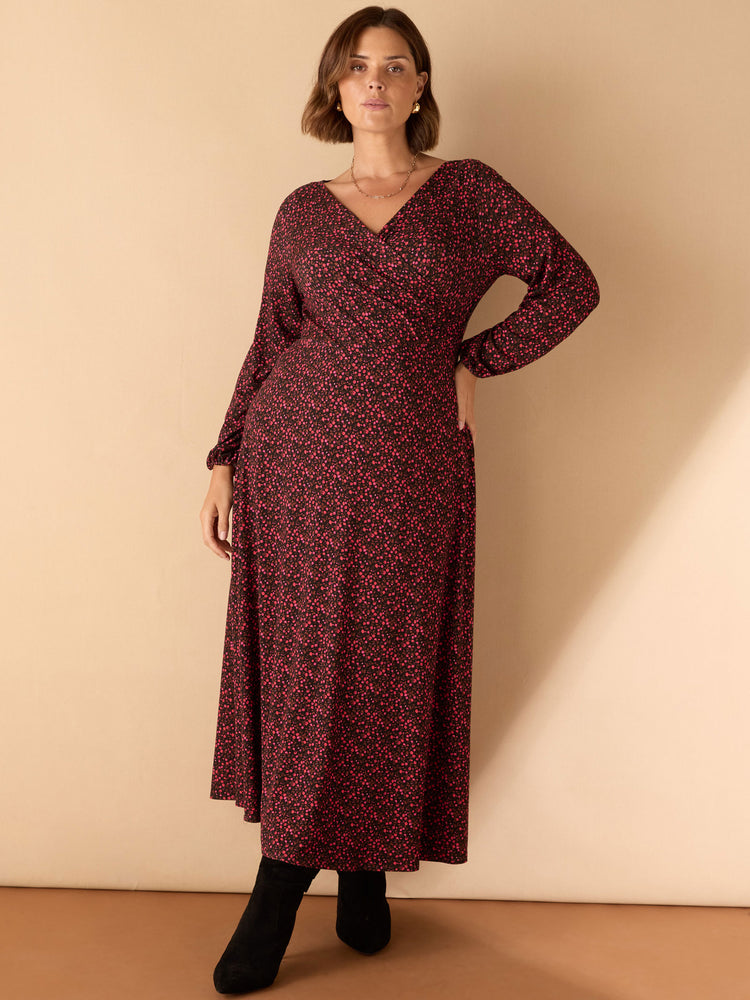 Red Ditsy Puff Sleeve Pleated Wrap Dress