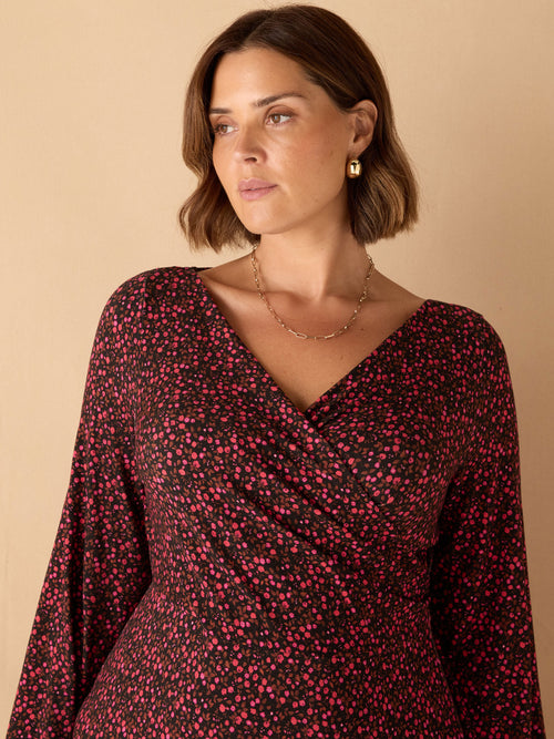 Red Ditsy Puff Sleeve Pleated Wrap Dress