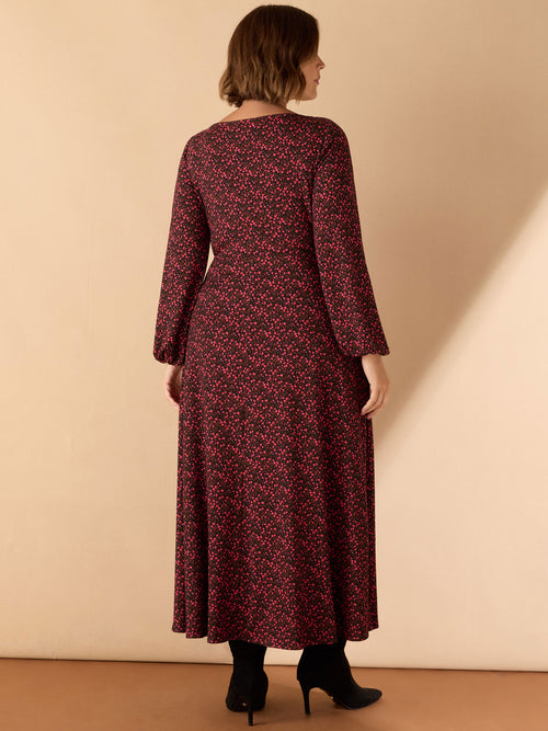 Red Ditsy Puff Sleeve Pleated Wrap Dress