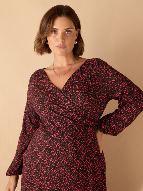 Red Ditsy Puff Sleeve Pleated Wrap Dress