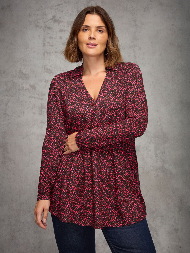 Red Ditsy Floral Print Jersey Polo Collar Tunic