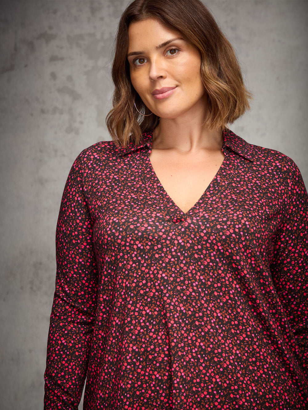 Red Ditsy Polo Collar V Neck Tunic