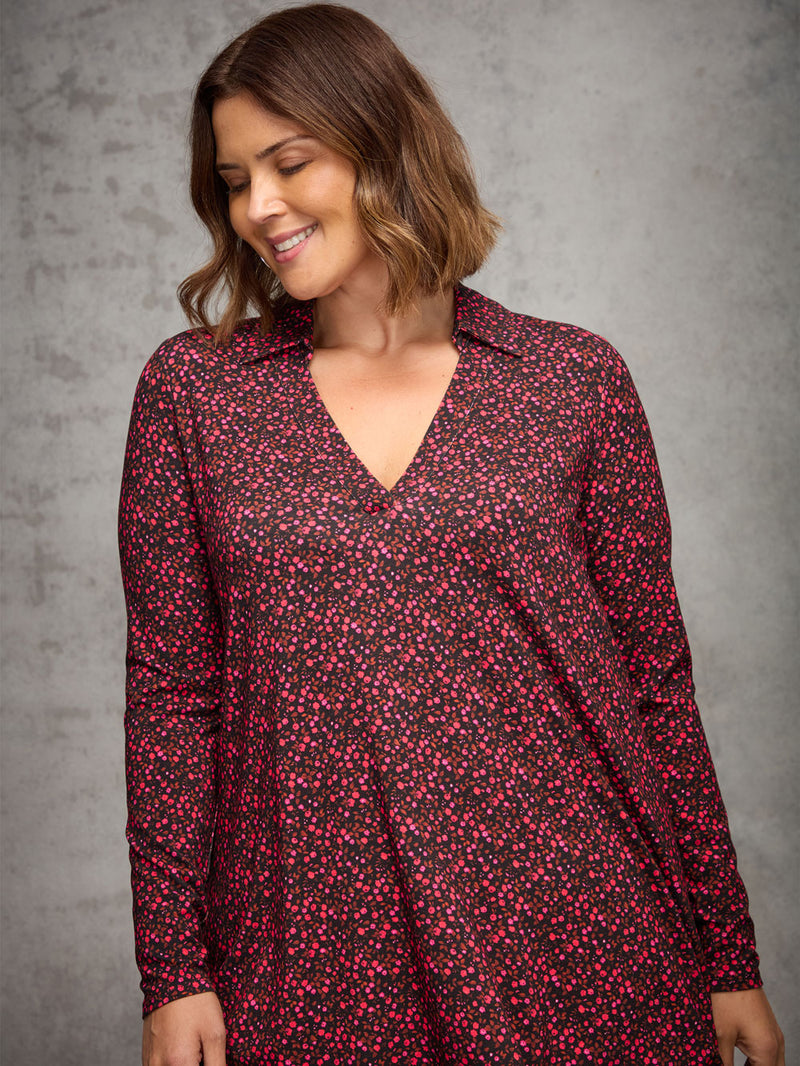 Red Ditsy Floral Print Jersey Polo Collar Tunic