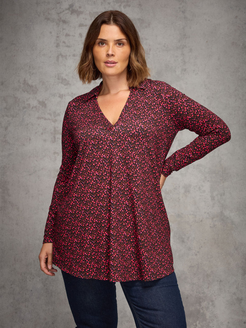 Red Ditsy Floral Print Jersey Polo Collar Tunic