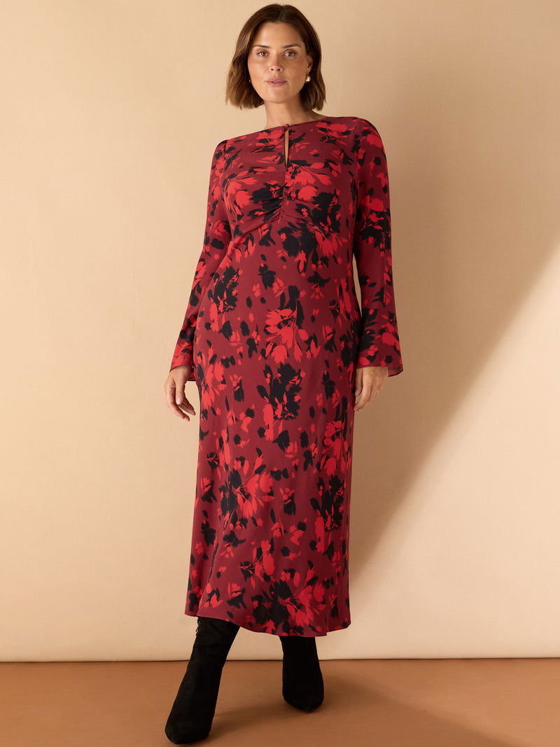 Red Floral Print Ruched Front Maxi Dress