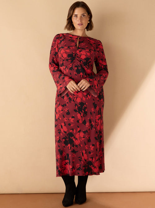 Red Abstract Print Ruched Front Maxi Dress