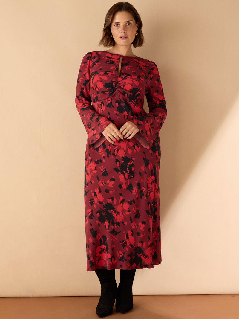 Red Floral Print Ruched Front Maxi Dress