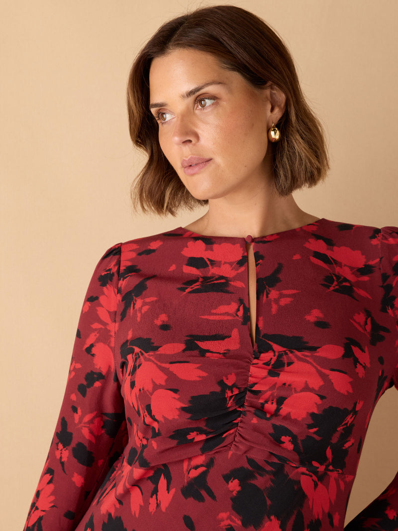 Red Floral Print Ruched Front Maxi Dress