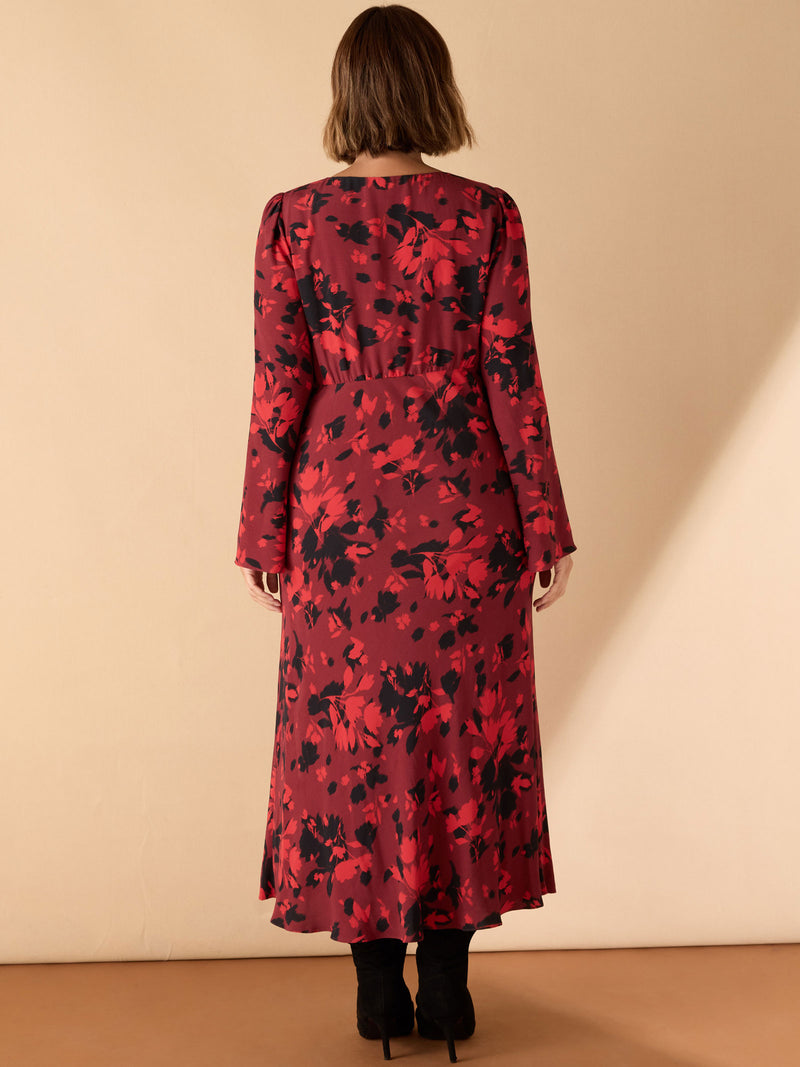 Red Floral Print Ruched Front Maxi Dress
