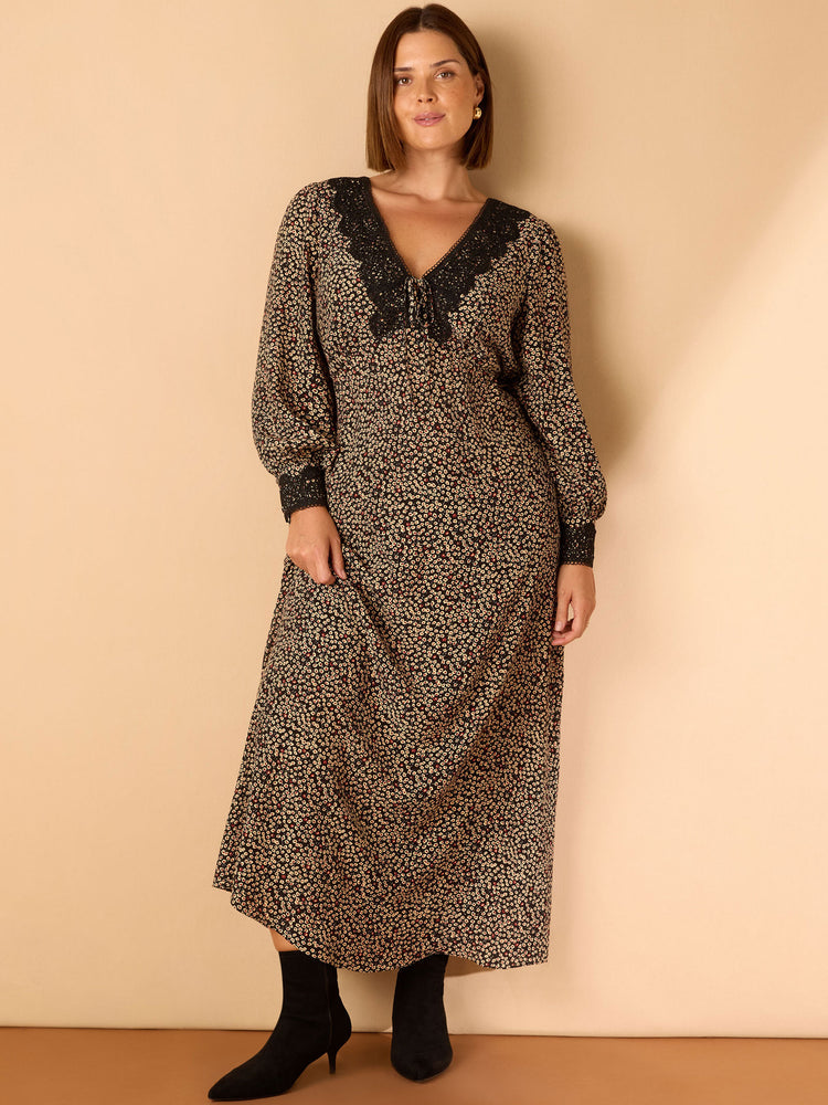 Black Ditsy Floral Scalloped Lace Midaxi Dress