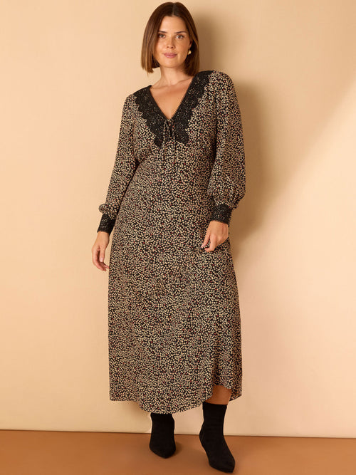 Black Ditsy Floral Scalloped Lace Midaxi Dress
