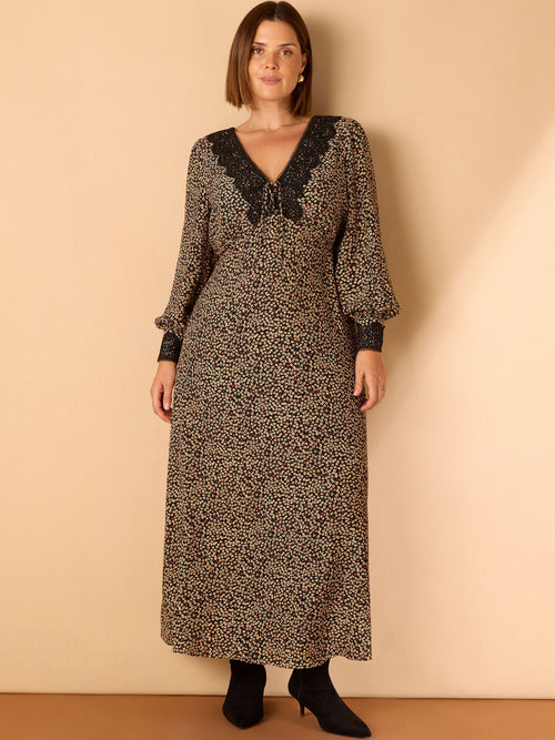 Black Ditsy Floral Scalloped Lace Midaxi Dress