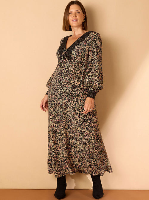 Black Ditsy Floral Scalloped Lace Midaxi Dress