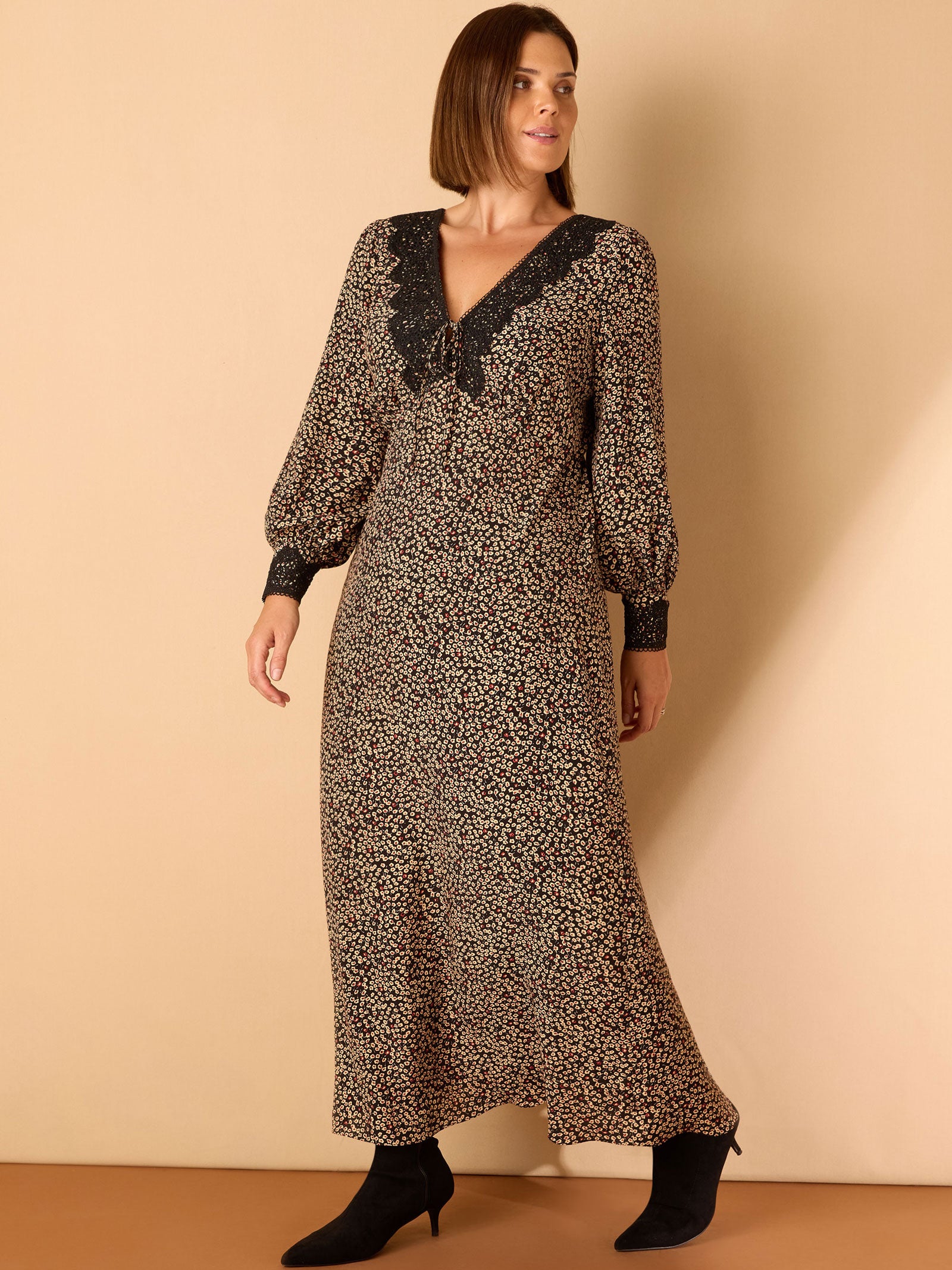 Black Ditsy Floral Scalloped Lace Midaxi Dress