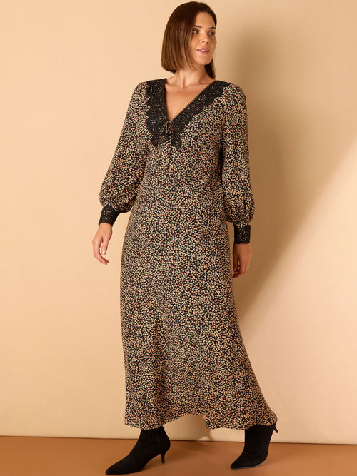 Black Ditsy Floral Scalloped Lace Midaxi Dress