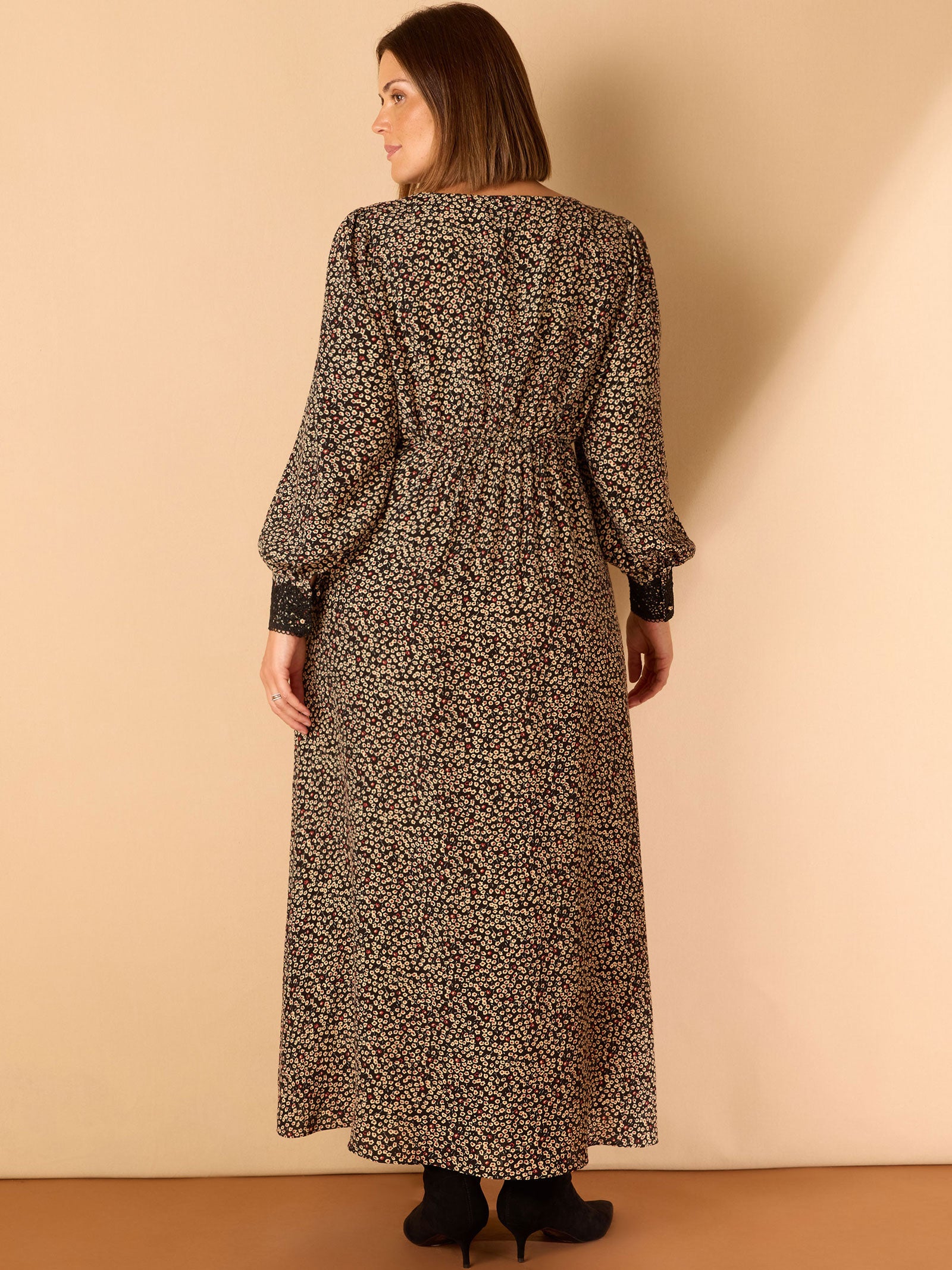 Black Ditsy Floral Scalloped Lace Midaxi Dress