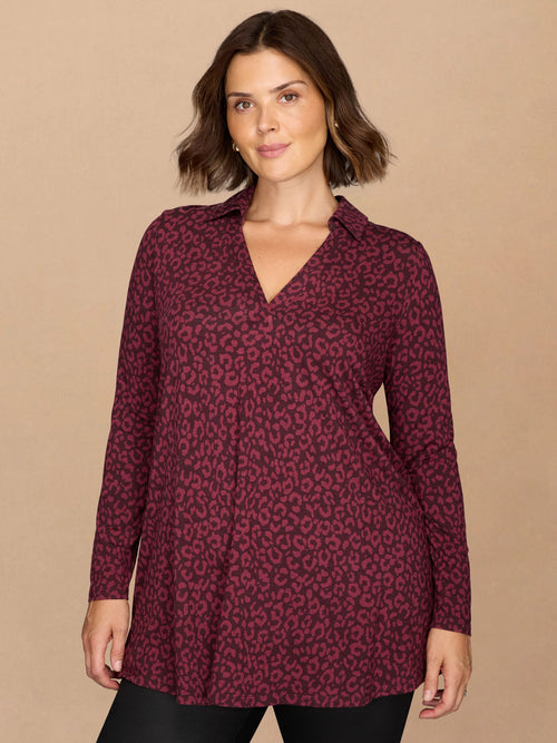 Purple Print Long Sleeve Polo Collar Tunic