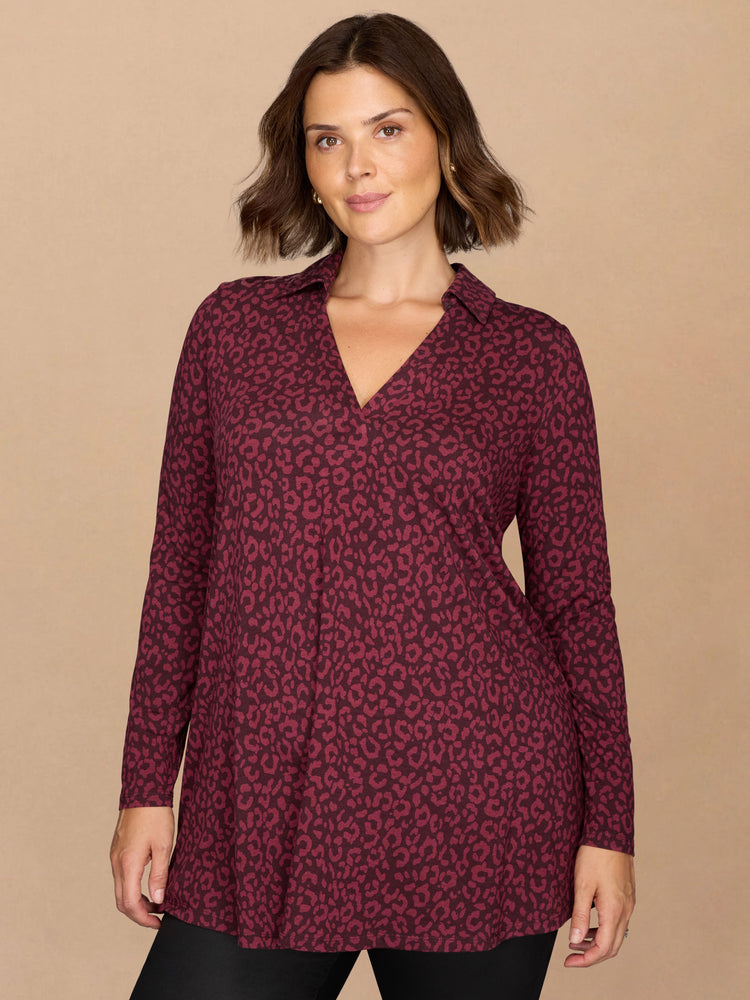 Purple Print Long Sleeve Polo Collar Tunic
