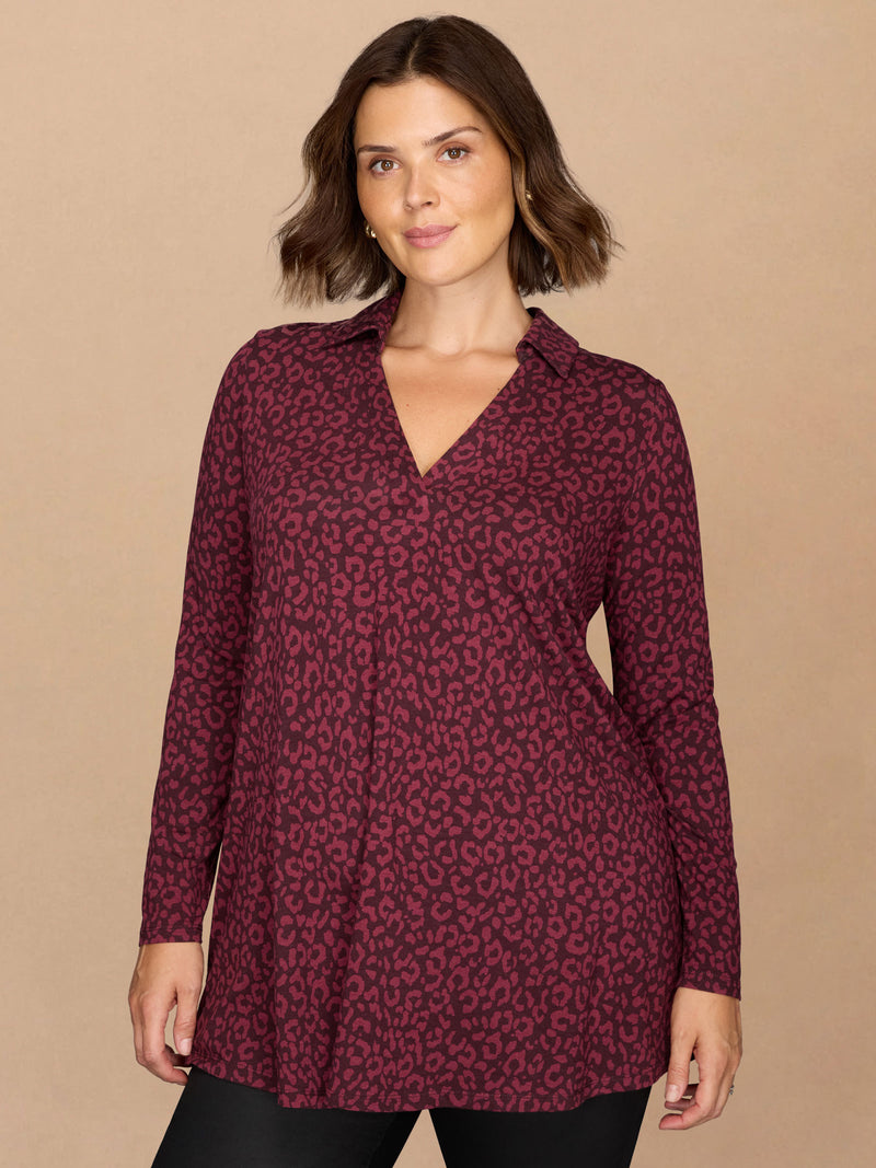 Burgundy Animal Print Jersey Polo Collar Tunic