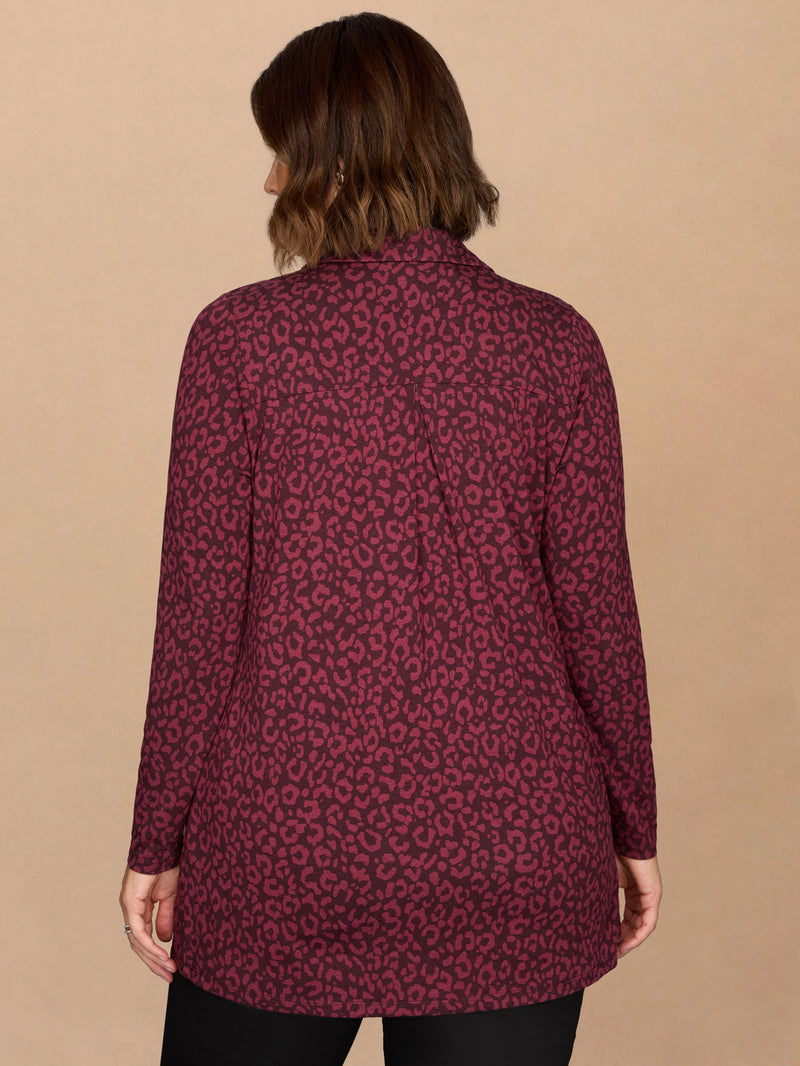 Burgundy Animal Print Jersey Polo Collar Tunic