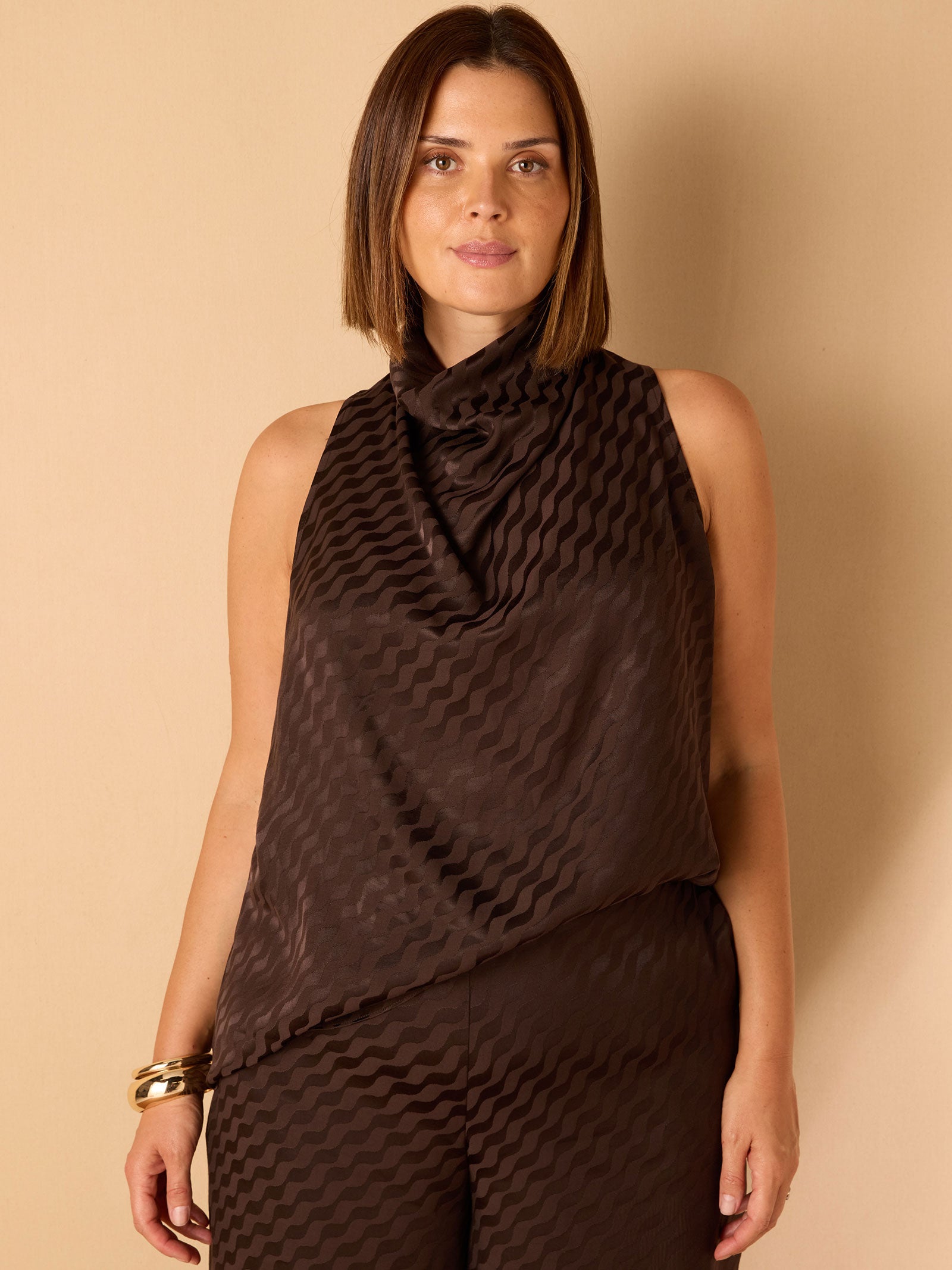 Brown Jacquard Halter Neck Top