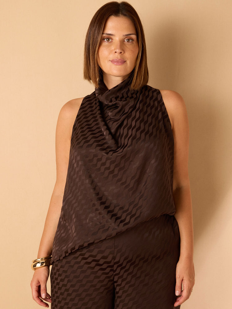 Brown Jacquard Halter Neck Top
