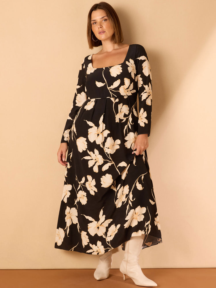 Black Floral Square Neck Pleat Skirt Midaxi Dress