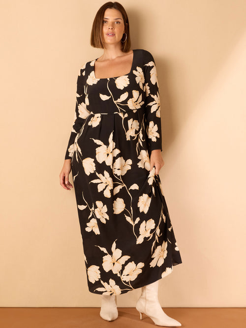 Black Floral Square Neck Pleat Skirt Midaxi Dress