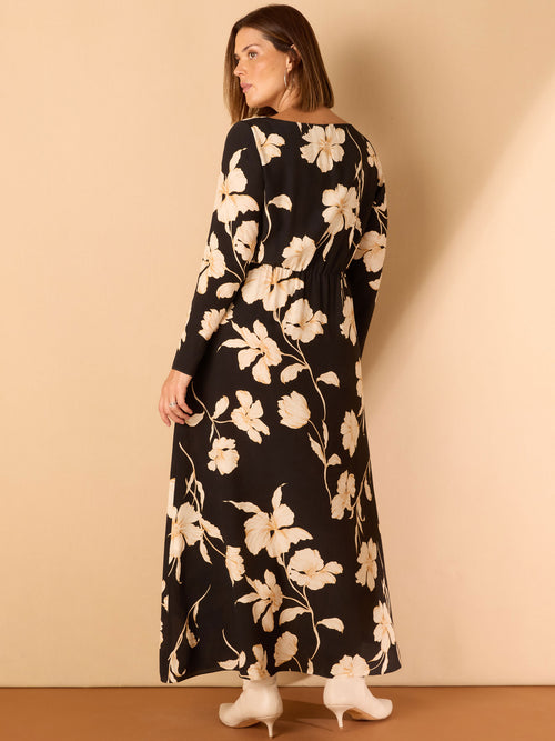 Black Floral Square Neck Pleat Skirt Midaxi Dress