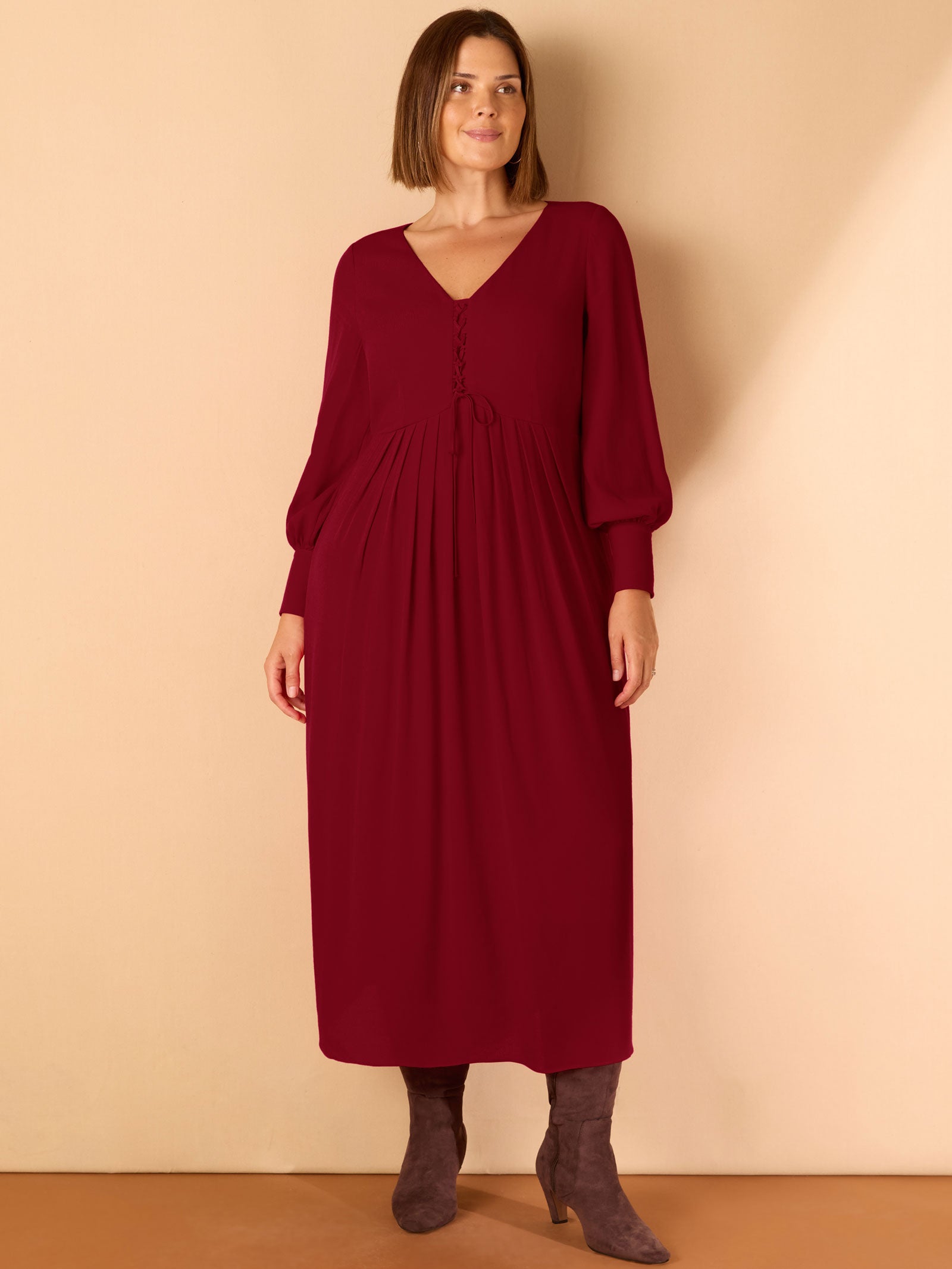 Dark Red Lace Up Blouson Sleeve Midi Dress Dark Red Lace Up Blouson Sleeve Midi Dress