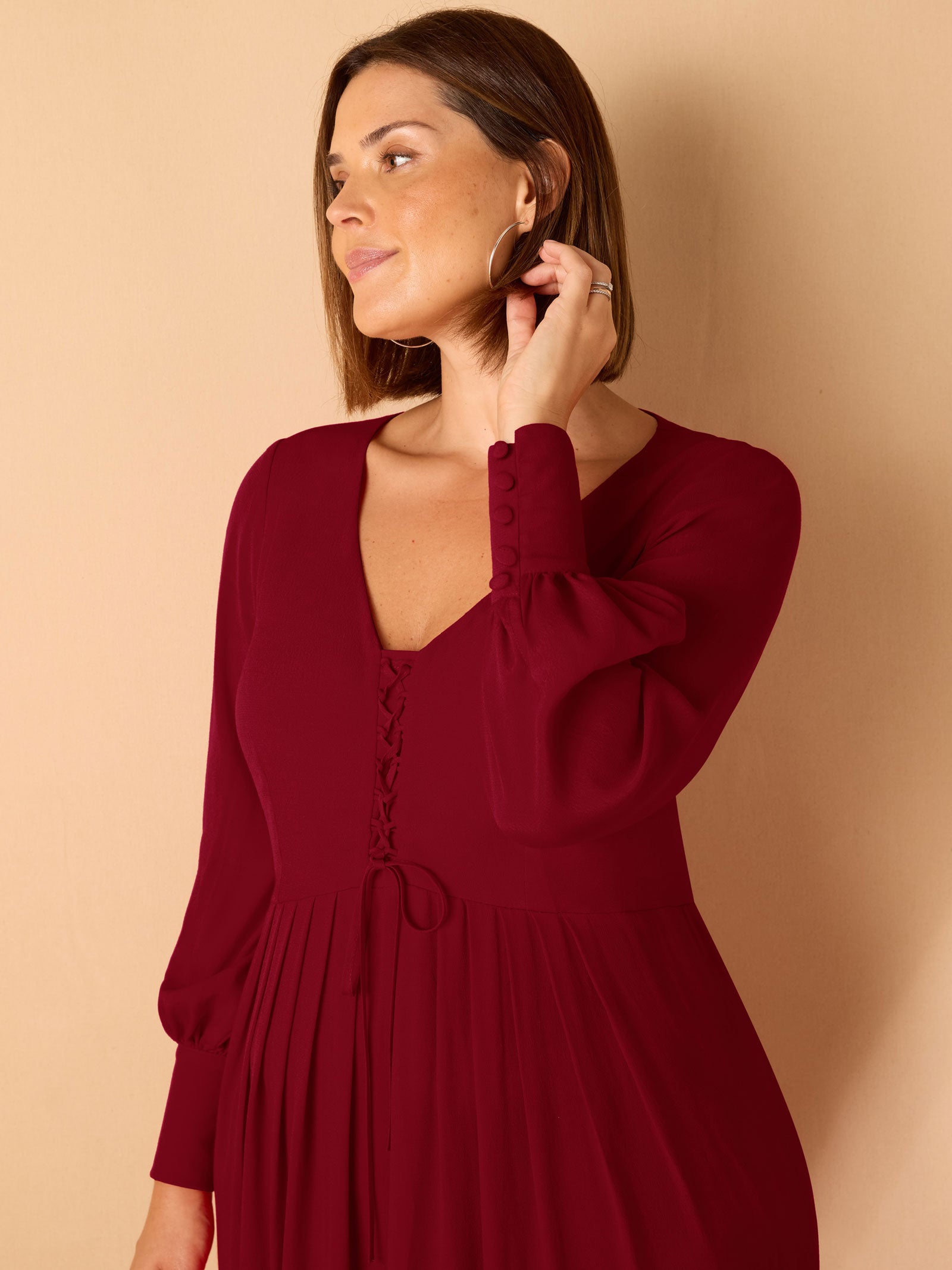 Dark Red Lace Up Blouson Sleeve Midi Dress