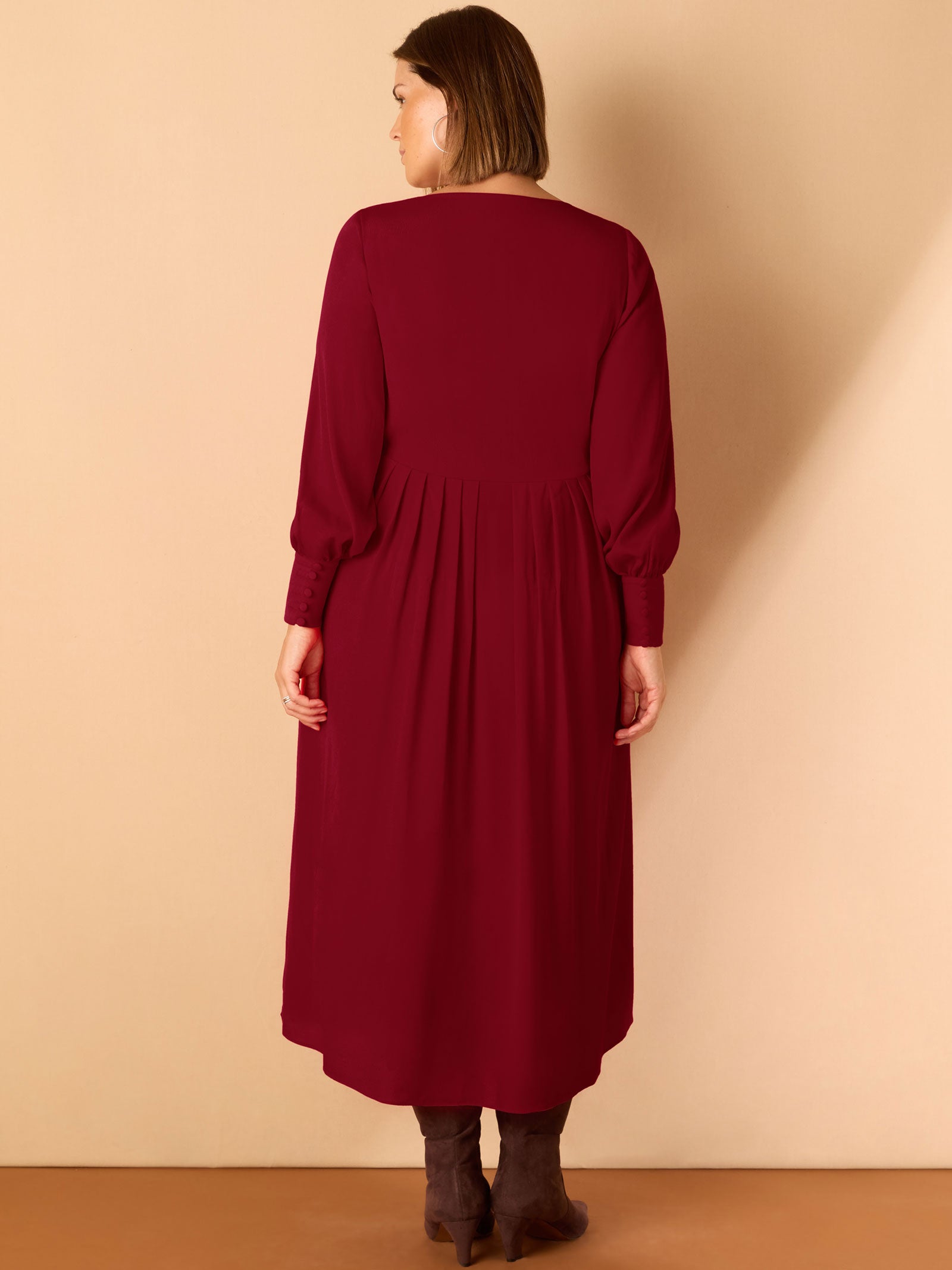 Dark Red Lace Up Blouson Sleeve Midi Dress