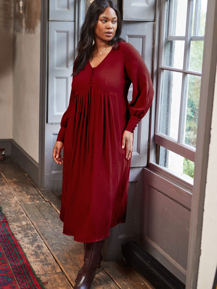 Dark Red Lace Up Blouson Sleeve Midi Dress