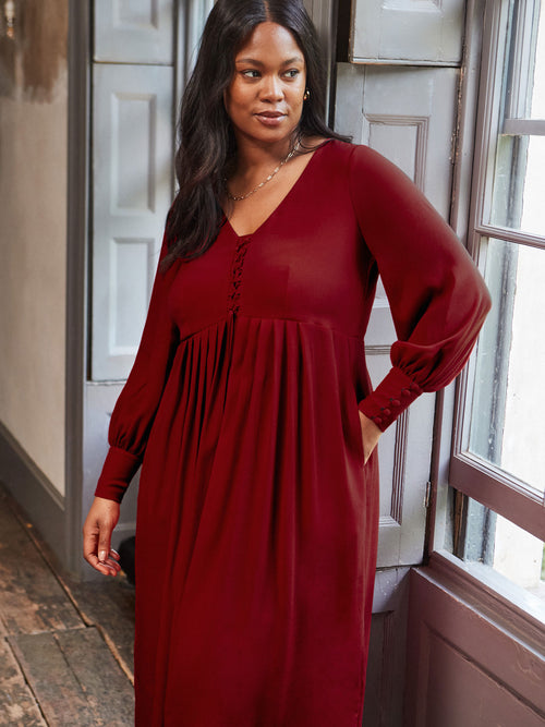 Dark Red Lace Up Blouson Sleeve Midi Dress