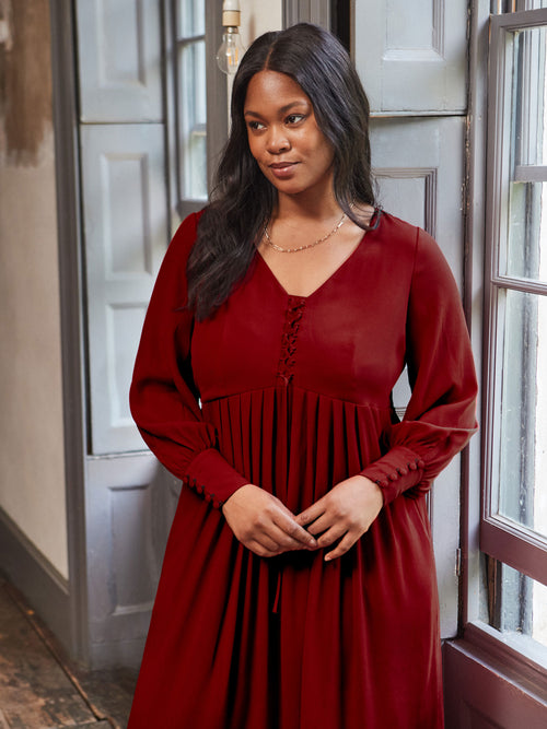 Dark Red Lace Up Blouson Sleeve Midi Dress