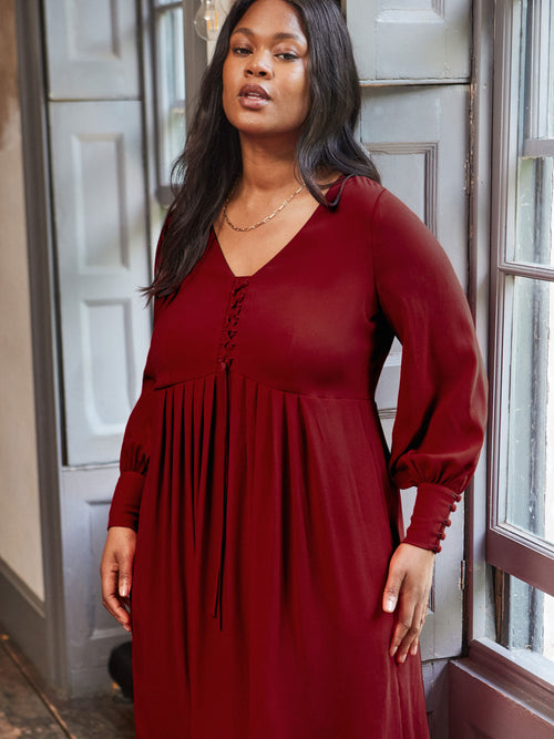 Dark Red Lace Up Blouson Sleeve Midi Dress