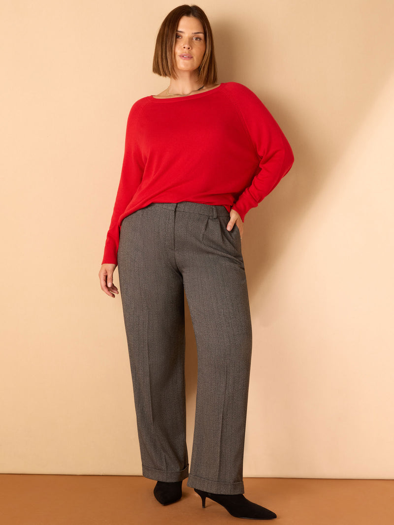 Grey Herringbone Wide Leg Trouser