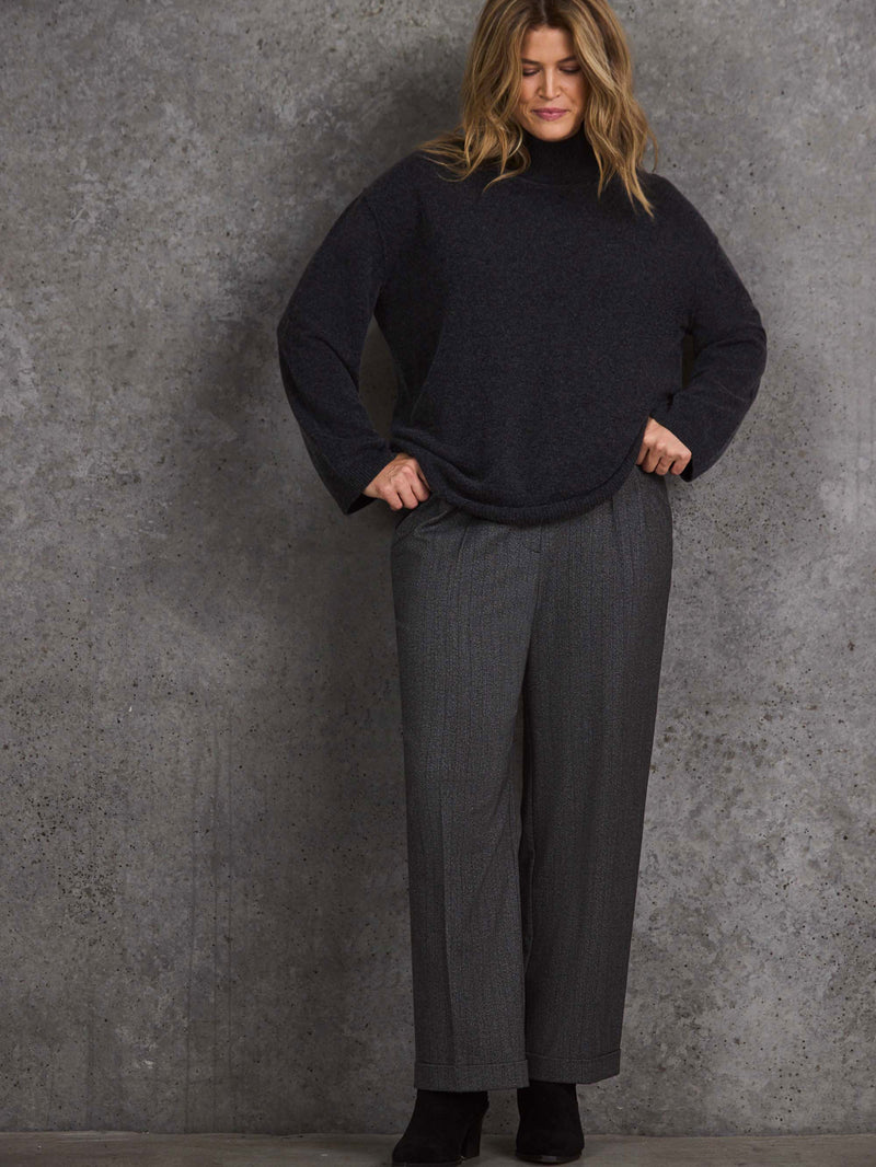 Grey Herringbone Wide Leg Trouser