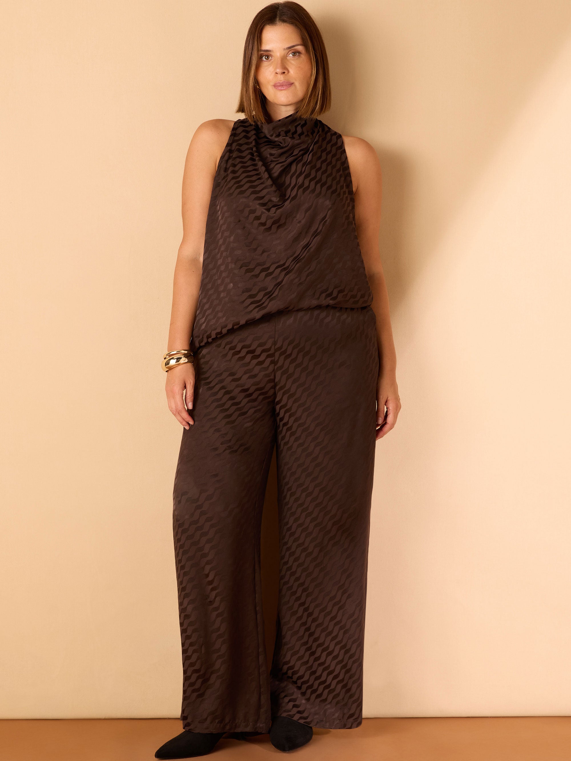 Brown Jacquard Wide Leg Trouser