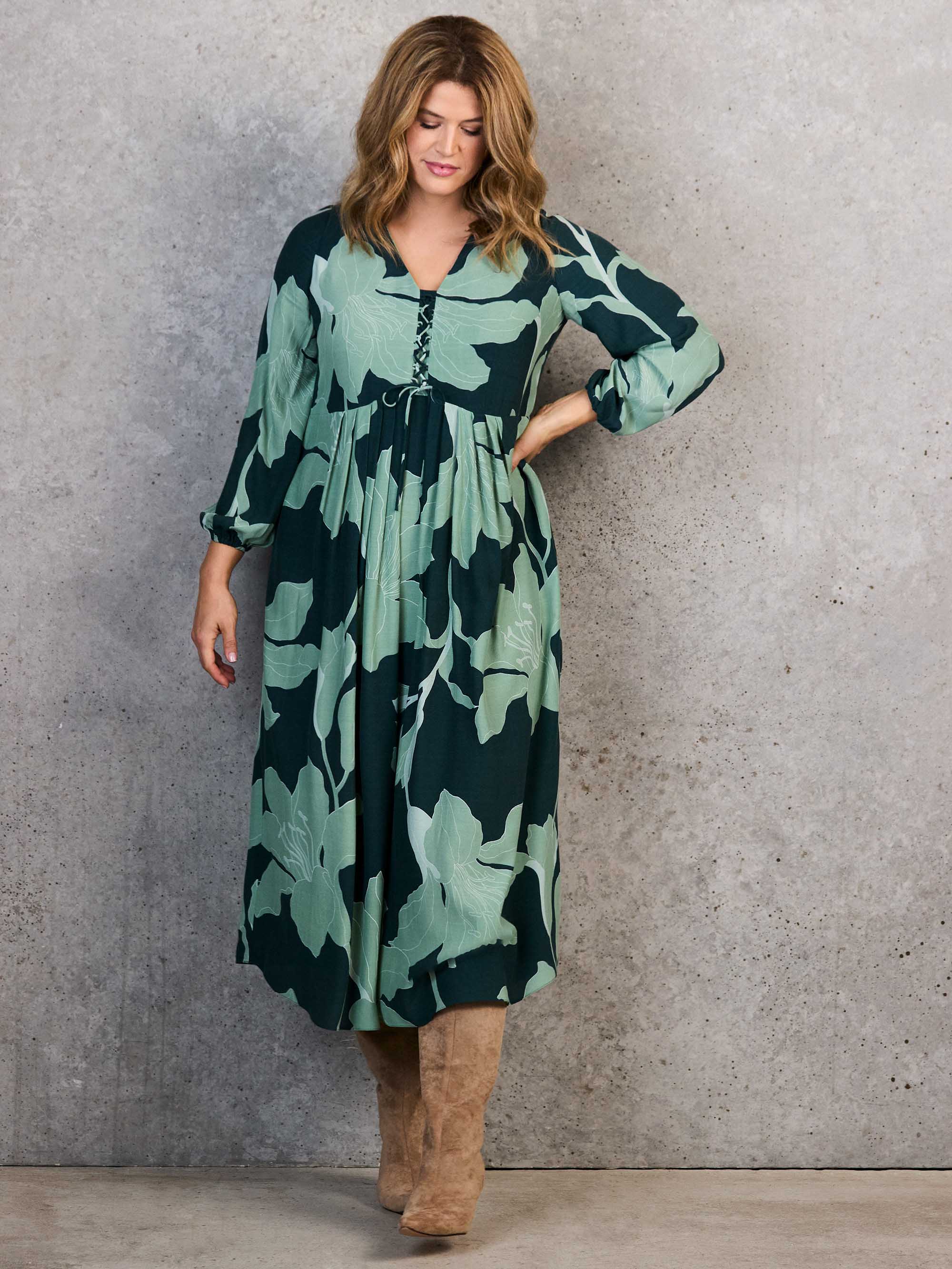 Green Floral Print Tie Front Midaxi Dress
