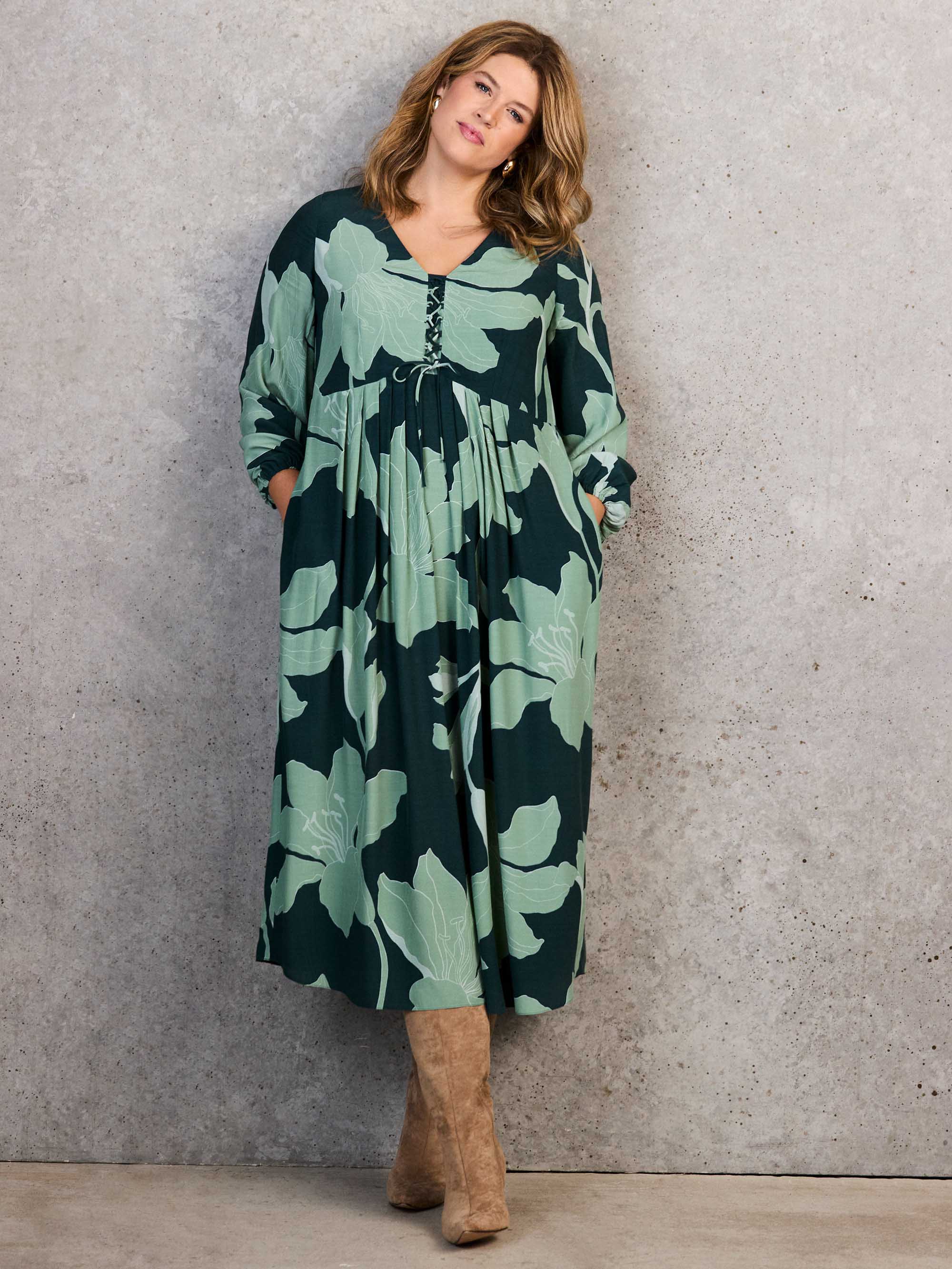 Green Floral Print Tie Front Midaxi Dress