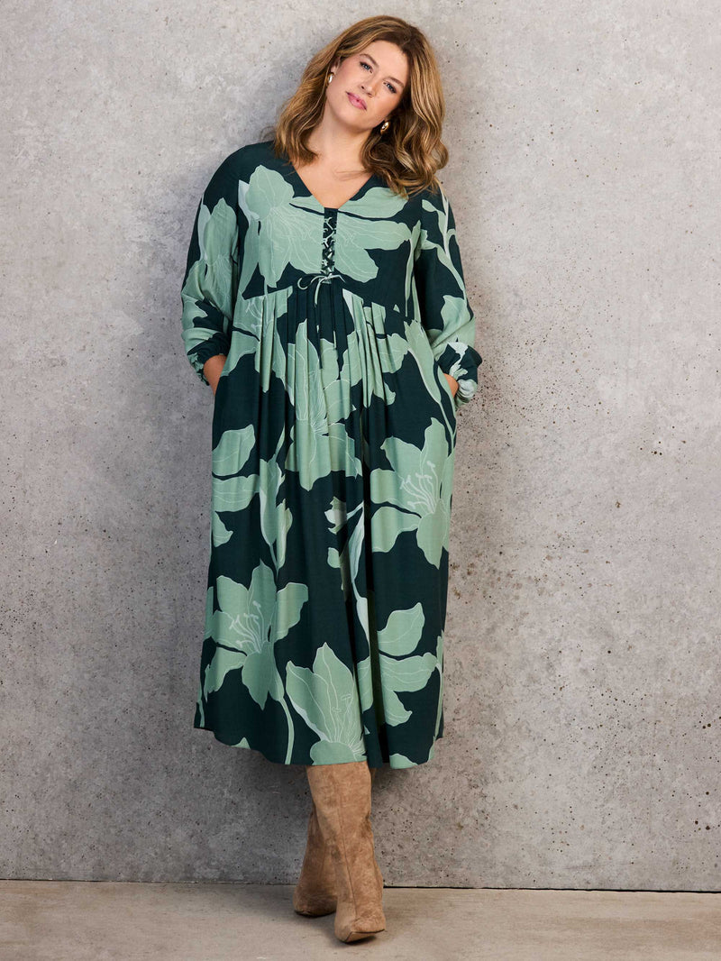 Green Floral Print Tie Front Midaxi Dress