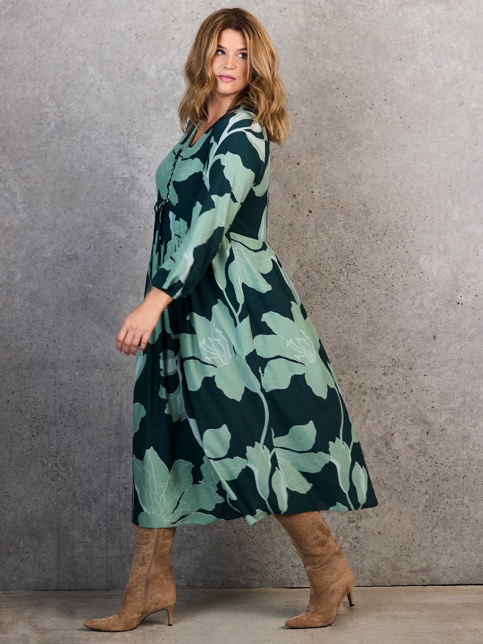 Green Floral Print Tie Front Midaxi Dress