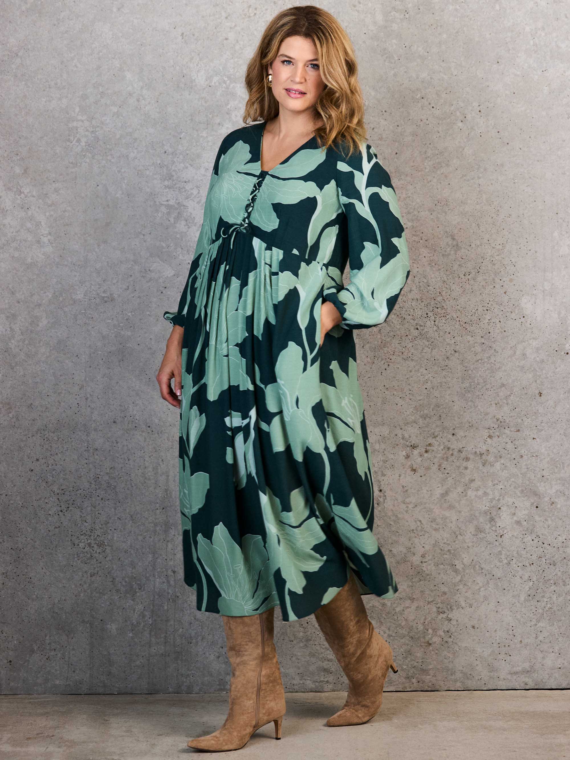 Green Floral Print Tie Front Midaxi Dress