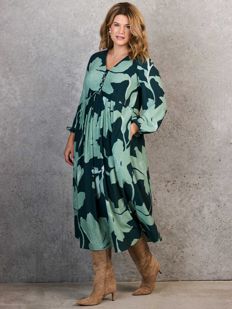 Green Floral Print Tie Front Midaxi Dress